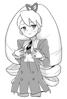 1girl bow dress drill_hair greyscale hair_bow heriyama highres long_hair looking_to_the_side luna_platz_(mega_man) mega_man_(series) mega_man_star_force_(series) monochrome pantyhose school_uniform simple_background smile sweatdrop twin_drills very_long_hair white_background