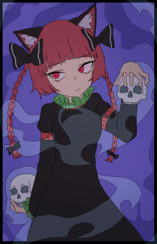 1girl absurdres akirama animal_ears black_bow black_dress bow braid cat_ears cat_girl closed_mouth commentary dress hair_bow highres holding holding_skull kaenbyou_rin long_hair looking_at_viewer purple_background red_eyes red_hair side_braids skull solo touhou twin_braids