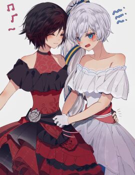 2girls akane031 bare_shoulders blush dress evening_gown gloves highres holding multiple_girls musical_note red_dress ruby_rose rwby scar scar_across_eye scar_on_face shirt short_hair weiss_schnee white_background white_dress white_shirt yuri