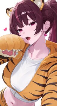 1girl absurdres animal_ears animal_hands breasts crop_top cropped_jacket earrings extra_ears fangs gloves highres hood hood_down jacket jewelry jururu leopard_ears long_hair long_sleeves looking_at_viewer medium_breasts midriff multicolored_hair navel open_mouth orange_jacket paw_gloves ponytail purple_eyes purple_hair sei_(0724sei6) shirt simple_background solo stomach streaked_hair upper_body virtual_youtuber waktaverse white_background white_shirt