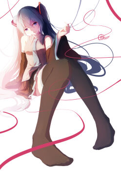 1girl black_thighhighs blouse detached_sleeves female_focus foreshortening full_body grey_shirt hatsune_miku highres holding holding_string long_hair necktie shirt shy_(953416992) sitting skirt sleeveless sleeveless_shirt solo string thighhighs twintails very_long_hair vocaloid