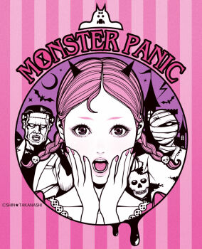 1girl 2boys artist_name black_hair braid collarbone commentary_request cosplay eyelashes eyeshadow frankenstein&#039;s_monster frankenstein&#039;s_monster_(cosplay) ghost hair_ornament halloween halloween_costume hands_on_own_face horns limited_palette looking_at_viewer makeup multiple_boys mummy_costume open_mouth original pale_skin pink_background pink_eyes pink_eyeshadow pink_hair pink_lips pink_nails short_hair skull_hair_ornament solo_focus spot_color striped_background takanashi_shin teeth twin_braids upper_body