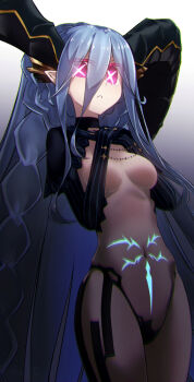 1girl aqua_hair black_panties black_shrug braid breasts chain choker commentary_request crossed_bangs curled_horns elbow_gloves fate/grand_order fate_(series) gloves glowing glowing_eyes glowing_tattoo hair_between_eyes highleg highleg_panties highres horns long_hair long_horns looking_at_viewer medium_breasts navel panties pink_eyes pointy_ears shrug_(clothing) solo stomach_tattoo striped_clothes striped_gloves symbol-shaped_pupils tattoo thighs tiamat_(fate) twin_braids underwear vertical-striped_clothes vertical-striped_gloves very_long_hair yubeshi_(zecxl)
