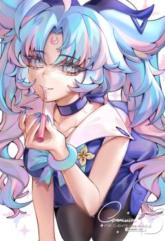 Rule 34 | 1girl, aegyo sal, animal ears, applying lipstick, applying makeup, applying own makeup, black thighhighs, blue choker, blue dress, blue eyes, blue hair, blue nails, bracelet, choker, collarbone, commentary, commission, cosmetics, cowboy shot, crescent, crescent facial mark, doe-foot applicator, dress, english commentary, facial mark, fingernails, forehead mark, green eyes, highres, jewelry, kurase usagiri, lipstick, long hair, looking at viewer, makeup, multicolored eyes, multicolored hair, nail polish, original, parted bangs, parted lips, pink hair, pink lips, sleeveless, sleeveless dress, solo, thighhighs, two-tone eyes, two-tone hair, vgen commission, watermark, white background