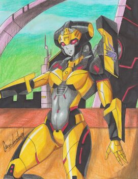 1girl absurdres breasts crotch_plate curvy decepticon fang helmet highres humanoid_robot insignia medium_breasts metal_skin ravernclouk_design red_eyes robot robot_girl solo transformers trickdiamond