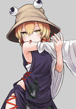 1girl absurdres animal_print arm_up armpit_crease blonde_hair blush breasts brown_hat commentary_request detached_sleeves frog_print grey_background hair_ribbon hat highres licking_shoulder looking_at_viewer moriya_suwako neritch outstretched_arm purple_skirt purple_vest red_nails red_ribbon ribbon ringed_eyes sideboob skirt small_breasts solo touhou vest white_sleeves wide_sleeves yellow_eyes