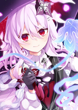 1girl black_gloves black_umbrella closed_mouth commentary_request evernight_(honkai:_star_rail) gloves hair_between_eyes hair_ornament hairclip hand_up holding holding_umbrella honkai:_star_rail honkai_(series) jacket long_hair long_sleeves looking_at_viewer maki_soutoki march_7th_(honkai:_star_rail) puffy_long_sleeves puffy_sleeves purple_hair red_eyes shirt smile solo turtleneck turtleneck_shirt umbrella upper_body white_jacket white_shirt