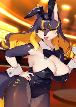 1girl alcohol animal_ears asymmetrical_bangs bar_(place) belly black_hair black_leotard blonde_hair blurry blurry_background breasts bunnimals cherry cleavage cocktail_glass covered_navel cup detached_collar drink drinking_glass dutch_angle fake_animal_ears food fruit furry furry_female hand_on_own_hip highres holding holding_tray huge_breasts indoors kishibe leotard long_hair looking_at_viewer marie_gold multicolored_hair official_art open_mouth pantyhose playboy_bunny plump rabbit_ears second-party_source simple_background solo standing strapless strapless_leotard streaked_hair tail tray two-tone_hair wolf_ears wolf_girl wolf_tail wrist_cuffs yellow_eyes