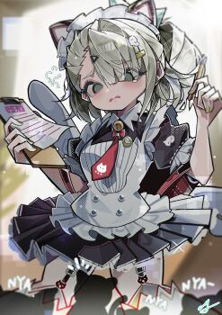 1girl absurdres bell black_dress cowboy_shot dress flying_sweatdrops frilled_dress frilled_sleeves frills garter_straps green_eyes green_hair green_nails hair_ornament hashtag-only_commentary highres holding holding_notepad holding_pencil maid maid_headdress marttkim00 multiple_cats neck_bell necktie notepad official_alternate_costume open_mouth pencil red_bag red_necktie solo sound_effects sunna_(afternoon_tea_break)_(zenless_zone_zero) sunna_(zenless_zone_zero) tears triangle_hair_ornament white_wings winged_bag wings zenless_zone_zero