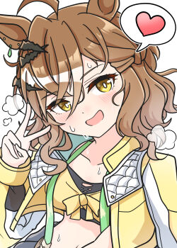 Rule 34 | absurdres, ahoge, animal ears, arnolddayo, bandeau, blush, braid, breasts, brown hair, collarbone, earrings, hair between eyes, hair ornament, hairclip, half up braid, half up half down braid, heart, highres, horse ears, horse girl, jacket, jewelry, jungle pocket (champion's battle cry) (umamusume), jungle pocket (umamusume), long sleeves, looking at viewer, medium hair, navel, open clothes, open mouth, shirt, skirt, smile, speech bubble, spoken heart, stomach, sweat, umamusume, upper body, v, yellow bandeau, yellow eyes, yellow jacket