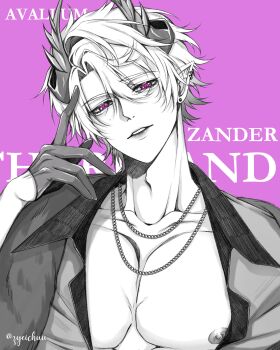 1boy absurdres chain demon_boy first_stage_production gloves greyscale highres horns looking_at_viewer male_focus mole mole_under_eye monochrome open_clothes pink_background pointy_ears teeth zander_netherbrand zyeichuu