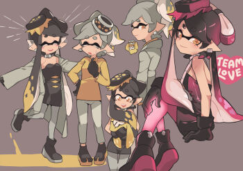 +_+ animal bare_shoulders black_footwear black_gloves black_hair borrowed_clothes bow-shaped_hair callie_(alterna)_(splatoon) callie_(splatoon) collar cousins dress ear_wiggle earrings food food_on_head gloves glowing_legwear gomipomi gradient_hair grey_jacket grey_pantyhose holding holding_animal idol inkling inkling_player_character jacket jewelry long_hair looking_at_viewer marie_(alterna)_(splatoon) marie_(splatoon) metal_collar mole mole_under_eye multicolored_hair nintendo object_on_head off-shoulder_dress off_shoulder open_clothes open_jacket pantyhose pointy_ears sideways_glance sitting smile splatoon_(series) splatoon_3 squid squidbeak_splatoon strapless strapless_dress sushi sweat tentacle_hair two-tone_hair very_long_hair yellow_eyes