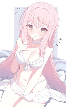 1girl absurdres aqua_hair between_legs bikini blue_archive blush breasts choker cleavage collarbone commentary_request frilled_bikini frills gradient_hair hand_between_legs highres kanimiso30601 large_breasts long_hair looking_at_viewer mika_(blue_archive) mika_(swimsuit)_(blue_archive) multicolored_hair navel official_alternate_costume official_alternate_hairstyle pink_hair stomach sweat swimsuit very_long_hair white_bikini white_choker yellow_eyes