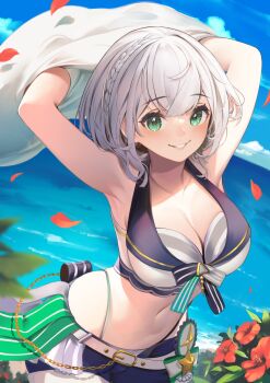 1girl armpits arms_up bikini bikini_bottom_under_shorts bikini_under_clothes blue_shorts blue_sky braid breasts cleavage commentary_request day dokkumaa double-parted_bangs falling_petals front-tie_bikini_top front-tie_top green_eyes grey_hair highleg highleg_bikini highres hololive hololive_summer_2023_swimsuit large_breasts layered_bikini looking_at_viewer navel ocean official_alternate_costume outdoors petals shirogane_noel short_hair shorts side_braid sky solo striped_bikini striped_clothes swimsuit undressing virtual_youtuber wavy_hair white_bikini