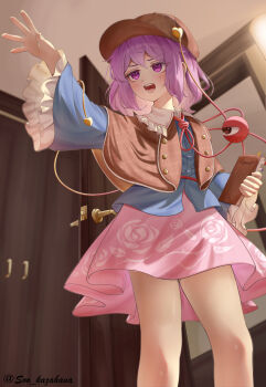 1girl absurdres blue_shirt brown_capelet brown_hat capelet commentary_request contemporary door floral_print floral_print_skirt frilled_sleeves frills hat highres holding holding_phone komeiji_satori open_mouth phone pink_hair pink_skirt print_skirt purple_eyes rose_print shirt short_hair skirt solo soo_kazahana teeth third_eye touhou