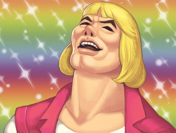 Rule 34 | 1boy, bad id, bad pixiv id, bishie sparkle, blonde hair, blunt bangs, closed eyes, collarbone, eyebrows, fabulous secret powers (meme), he-man, heaven condition, lips, male focus, maou alba, masters of the universe, meme, nose, open mouth, portrait, prince adam, rainbow background, shirt, solo, teeth, vest, white shirt