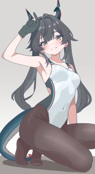 Rule 34 | 1girl, absurdres, alternate costume, arknights, arm up, bare shoulders, black gloves, black hair, blush, breasts, brown eyes, brown pantyhose, chen qianyu (arknights), collarbone, commentary request, dragon girl, dragon horns, dragon tail, eggplant7217, full body, gloves, green horns, green one-piece swimsuit, highres, horns, kilometer, kneeling, looking at viewer, medium breasts, multicolored horns, multicolored one-piece swimsuit, no shoes, one-piece swimsuit, pantyhose, pantyhose under swimsuit, red horns, red one-piece swimsuit, s1.6, sleeveless, solo, swimsuit, tail, teeth, twintails, two-tone horns, white one-piece swimsuit