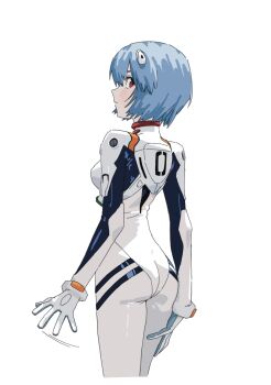 1girl ass ayanami_rei blue_hair blush bodysuit breasts closed_mouth commentary_request cropped_legs from_side h4sh1rnoto highres interface_headset_(evangelion) looking_at_viewer mecha_pilot_suit medium_breasts motion_lines neon_genesis_evangelion plugsuit_(evangelion) profile red_eyes revision short_hair sideways_glance simple_background skin_tight solo white_background white_bodysuit