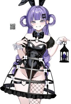 Rule 34 | 1girl, absurdres, akadajohnson02, animal ears, bare shoulders, black bow, black bowtie, black leotard, black nails, black ribbon, black skirt, blunt bangs, bow, bowtie, breasts, chest strap, commentary request, covered navel, cowboy shot, crinoline, cross, cross earrings, detached collar, detached sleeves, earrings, fake animal ears, fishnet thighhighs, fishnets, gem, hair bow, hair rings, hands up, heart, heart o-ring, highres, holding, holding lantern, jewelry, lantern, leotard, long hair, mole, mole under eye, o-ring, o-ring thigh strap, original, playboy bunny, puffy detached sleeves, puffy sleeves, purple eyes, purple gem, purple hair, qr code, rabbit ears, ribbon, ringlets, sidelocks, simple background, single fishnet legwear, single thighhigh, skirt, small breasts, smile, solo, teeth, thigh strap, thighhighs, white background, white wrist cuffs, wrist cuffs