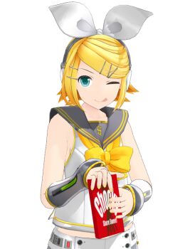 1girl 3d ;q artist_request blonde_hair blue_eyes female_focus food hair_ornament kagamine_rin kagamine_rin_(vocaloid4) looking_at_viewer mikumikudance_(medium) non-web_source one_eye_closed pocky ribbon solo source_request tagme tongue tongue_out vocaloid white_ribbon yellow_ribbon