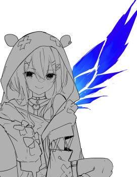 1girl animal_hood blush bow closed_mouth collar copyright_request hair_between_eyes hair_ornament hairclip heart heart_o-ring highres hood hood_up hooded_jacket jacket long_sleeves looking_at_viewer o-ring osisio partially_colored puffy_long_sleeves puffy_sleeves simple_background smile solo white_background x_hair_ornament