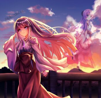 2girls against_railing arm_up blunt_bangs blunt_ends clenched_hand closed_mouth cloud commentary cowboy_shot detached_sleeves floating_hair floating_sleeves full_body furude_rika hakama hakama_pants hanyuu highres higurashi_no_naku_koro_ni horns japanese_clothes light_smile long_hair long_sleeves looking_at_viewer miko multiple_girls pants purple_eyes purple_hair railing red_hakama sky sunset transparent twitter_username yangyue_mao