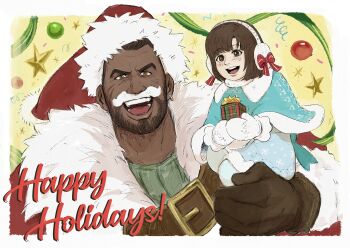 Rule 34 | 1boy, 1girl, absurdres, adoptive parent and adoptive child, aqua capelet, barret wallace, beard, black gloves, black hair, blue dress, border, brown eyes, capelet, christmas ornaments, christmas present, coat, commentary, dark-skinned male, dark skin, dress, earmuffs, english commentary, facial hair, facial scar, fake facial hair, fake mustache, father and daughter, final fantasy, final fantasy vii, fur-trimmed capelet, fur-trimmed coat, fur trim, gift, gloves, happy holidays, hat, highres, marlene wallace, mittens, open mouth, red hat, santa hat, scar, scar on cheek, scar on face, short hair, shoulder belt, smile, sodacure21, upper body, very short hair, white border, white mittens