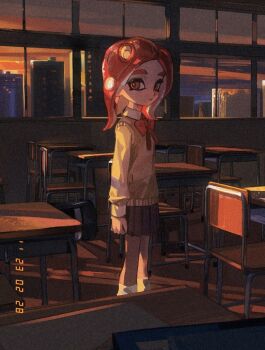 1girl arms_at_sides backlighting bag black_bag black_skirt bow bowtie breasts buzaizhengming chair cityscape classroom cloud desk dress_shirt evening feet_out_of_frame film_grain highres indoors leg_warmers long_sleeves looking_at_viewer medium_hair middle_part nintendo octoling_girl octoling_player_character orange_sky parted_lips pleated_skirt red_bow red_bowtie red_eyes red_hair school school_chair school_desk school_uniform shirt shoulder_bag sideways_glance skirt sky small_breasts splatoon_(series) standing subsurface_scattering sunlight sweater_vest thick_eyebrows unworn_bag viewfinder white_leg_warmers white_shirt window_shadow wing_collar