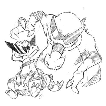 claws closed_mouth commentary english_commentary gen_5_pokemon greyscale hatching_(texture) highres krokorok krookodile monochrome nintendo no_humans nostrils pokemon pokemon_(creature) pokemon_focus pr_quote sharp_teeth sunglasses tail teeth