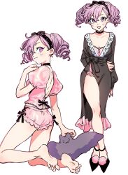 Rule 34 | 1girl, :3, ass, barefoot, bathrobe, black choker, bomhat, breasts, choker, crossed legs, drill hair, full body, hairband, highres, looking at viewer, multiple views, open mouth, original, pink eyes, pink hair, pink shirt, pink shorts, shirt, short hair, short shorts, shorts, simple background, sleepwear, small breasts, smile, soles, toes, twin drills, watson cross, white background