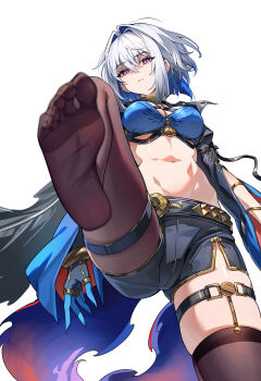 1girl absurdres black_pantyhose black_shorts black_thighhighs blue_bra blue_hair blurry blurry_foreground bra colored_inner_hair feet from_below galbrena_(wuthering_waves) grey_hair hair_between_eyes hair_intakes highres imminent_stomping looking_at_viewer missing_commentary multicolored_hair navel no_shoes pantyhose parted_lips partially_shaded_face purple_eyes shenqi_xiao_hong_zai_nali shorts simple_background single_leg_pantyhose single_thighhigh soles solo stomach thigh_strap thighhighs thighs toes underwear white_background wuthering_waves