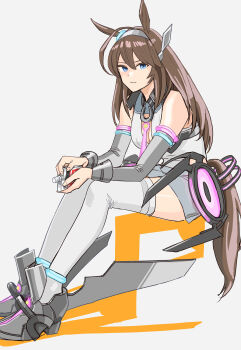 Rule 34 | 1girl, animal ears, blue eyes, brown hair, detached sleeves, grey hairband, grey sleeves, hair between eyes, hairband, highres, horse ears, horse girl, horse tail, long hair, mihono bourbon (umamusume), solo, tail, tanaka hirotaka, thighhighs, umamusume, white thighhighs