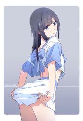 Rule 34 | 1girl, black hair, blue eyes, blue shirt, commentary request, dated, from behind, gradient background, grey background, highres, looking at viewer, looking back, medium hair, midriff, monai-chan (nii manabu), nii manabu, original, shirt, short sleeves, signature, skirt, solo, standing, thighs, white skirt