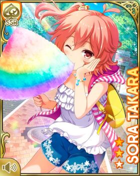 1girl amusement_park backpack bag card character_name closed_eye cotton_candy day eating girlfriend_(kari) hair_ornament hairclip official_art outdoors pink_eyes pink_hair qp:flapper raised_arm shirt shorts side_ponytail smile tagme takara_sora vest white_shirt