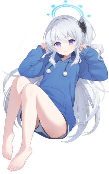 1girl absurdres bare_legs barefoot black_bow blue_archive blue_halo blue_hoodie bow closed_mouth commentary double-parted_bangs drawstring full_body grey_hair hair_bow halo hands_up highres hood hood_down hoodie knees_up kooriais long_hair long_sleeves looking_at_viewer micro_shorts miyako_(blue_archive) miyako_(young)_(blue_archive) one_side_up pom_pom_(clothes) pom_pom_drawstring purple_eyes reclining shorts simple_background sleeves_past_wrists smile solo twitter_username untranslatable_commentary very_long_hair white_background white_shorts