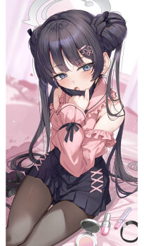 1girl black_hair black_skirt blue_archive blush breasts brown_pantyhose commentary_request detached_sleeves double_bun grey_eyes hair_bun halo highres kisaki_(blue_archive) long_hair looking_at_viewer mask mouth_mask open_mouth pantyhose pink_shirt renka_(renkas) shirt sitting skirt sleeveless sleeveless_shirt small_breasts solo thighs twintails