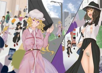 Rule 34 | bdsm, bondage, bound, breasts, crotch rope, crotchless, dress, exhibitionism, exposed clothing, functionally nude, hat, highres, long skirt, maribel hearn, mob cap, modified clothing, no panties, open clothes, public indecency, see-through clothes, see-through dress, shibari, shibari under clothes, skirt, touhou, usami renko