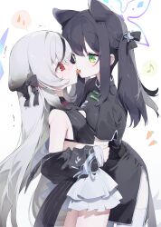Rule 34 | 2girls, absurdres, animal ears, black bow, black dress, black hair, blue archive, bow, carrot, china dress, chinese clothes, dress, food in mouth, green eyes, grey hair, hair bow, halo, highres, hug, kokona (blue archive), long hair, looking at another, meunhongcha, mouth hold, multiple girls, red eyes, shun (blue archive), shun (small) (blue archive), siblings, sidelocks, simple background, sisters, standing, tears, thighhighs, white hair, white thighhighs