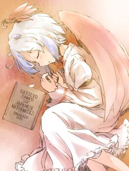 1girl alternate_costume blue_hair book closed_eyes commentary_request curled_up dress english_text feathered_wings feet_out_of_frame fetal_position head_wings light_blush long_sleeves orange_background parted_lips pointy_ears rangycrow short_hair single_head_wing sleeping small_horns solo tokiko_(touhou) touhou white_dress wings