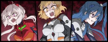 3girls absurdres ahoge antenna_hair ayanami_rei_(cosplay) blonde_hair blue_hair clenched_teeth cosplay crossover hair_ornament highres ikari_shinji_(cosplay) interface_headset_(evangelion) kazanari_tsubasa long_hair low_twintails mecha_pilot_suit multiple_girls neon_genesis_evangelion open_mouth pink_eyes plugsuit_(evangelion) pojitaro purple_eyes senki_zesshou_symphogear short_hair side_ponytail sidelocks souryuu_asuka_langley_(cosplay) split_screen tachibana_hibiki_(symphogear) teeth twintails upper_body white_hair yellow_eyes yukine_chris