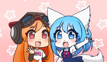 2girls :d animal_ears blue_eyes blue_hair borrowed_character chibi chibi_only colored_skin goggles goggles_on_head gradient_background headphones indie_virtual_youtuber meggy_spletzer multiple_girls open_mouth orange_hair pink_background red_eyes smg4 smile star_(symbol) star_symbol_background tail thick_eyelashes virtual_youtuber waving wolf_ears wolf_girl wolf_tail wolfychu wolfychu_(artist)