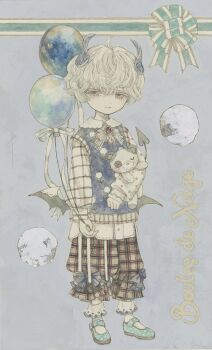 1boy acrylic_paint_(medium) ahoge ankle_socks balloon bat_wings blue_shoes blush bow bowtie brooch closed_mouth collared_shirt demon_horns demon_tail expressionless full_body grey_eyes hair_between_eyes half-closed_eyes highres holding horns jewelry karintoun looking_at_viewer mary_janes original painting_(medium) pale_skin pants plaid_clothes plaid_pants shirt shoes short_hair signature simple_background socks solo standing straight-on stuffed_animal stuffed_toy tail traditional_media watercolor_(medium) wavy_hair wings