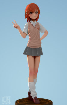 1girl 3d artist_logo asymmetrical_bangs bare_arms blue_background brown_eyes brown_hair brown_shoes brown_sweater_vest closed_mouth collared_shirt commentary emblem english_commentary figure flower flower_hairpin full_body grey_skirt hand_on_own_hip hand_up kneehighs knees light_blush loafers logo looking_at_viewer loose_socks medium_hair miniskirt misaka_mikoto pleated_skirt school_emblem school_uniform shirt shoes short_sleeves simple_background skirt sleeveless smile socks solo standing summer_uniform sweater_vest toaru_kagaku_no_railgun toaru_majutsu_no_index tokiwadai_school_uniform usmanhayat v v-neck white_flower white_shirt white_socks