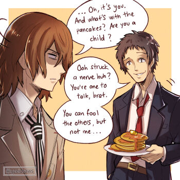 2boys adachi_tooru akechi_gorou black_suit brown_hair business_suit food formal_clothes gzei highres jacket male_focus multiple_boys necktie pancake persona persona_4 persona_5 red_necktie striped_clothes striped_necktie suit suit_jacket vertical-striped_clothes vertical-striped_necktie