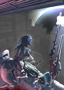 1girl bangboo_(zenless_zone_zero) black_dress black_hair blood blood_on_ground blood_splatter brown_pantyhose building closed_eyes colored_inner_hair dress elbow_rest ellen_joe fins fish_tail from_behind highres hollow_(zenless_zone_zero) maid_headdress momoken2004_(inb6k7) multicolored_hair pantyhose scar scar_on_tail shark_girl shark_tail sharkboo_(zenless_zone_zero) short_hair sitting skyscraper sleeping tail weapon zenless_zone_zero zzz