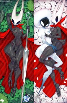 2girls arthropod_girl artist_name black_skin breasts cloak colored_skin dakimakura_(medium) english_text flower full_body highres holding holding_weapon hollow_eyes hollow_knight horned_mask hornet_(hollow_knight) krokobyaka lace_(hollow_knight) lying mask multiple_girls needle_(hollow_knight) nipples on_back puffy_sleeves red_cloak small_breasts smile weapon white_eyes white_flower white_mask white_skin