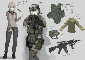 1girl ammunition_pouch ar-15 assault_rifle belt blue_eyes boots bow breasts bulletproof_vest camouflage camouflage_pants camouflage_shirt chest_rig chinese_commentary combat_helmet commentary_request fast_helmet gun gun_sling hair_between_eyes helmet heterochromia highres holding holding_gun holding_weapon load_bearing_vest long_hair looking_at_viewer magazine_(weapon) military_combat_uniform military_operator military_uniform original pants pouch qianchas_dream red_bow red_ribbon ribbon rifle shirt simple_background smile soldier solo sweater tactical_clothes weapon woodland_camouflage yellow_eyes
