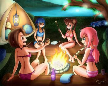 blue_eyes blue_hair blush bonfire bra breasts brown_eyes brown_hair campfire camping closed_mouth crossover double_bun eating evening fire food forest gen_8_pokemon gloria_(pokemon) hair_bun highres holding holding_food holding_stick kagamihara_nadeshiko lake lantern legendary_pokemon log long_hair marshmallow metalytar multiple_girls nature nintendo open_mouth outdoors panties pink_hair pokemon pokemon_(creature) pokemon_bw2 pokemon_swsh purple_eyes roasted_marshmallow roasting rosa_(pokemon) shima_rin short_hair sky smile stick tent twintails underwear yurucamp zacian