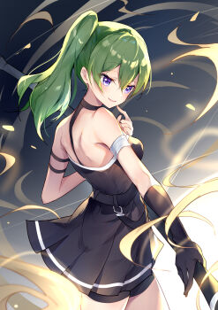 1girl absurdres arm_strap aura back bare_shoulders belt black_belt black_choker black_dress black_gloves blush breasts choker commentary cowboy_shot double-parted_bangs dress eyelashes fighting_stance from_behind gloves green_hair hair_between_eyes hand_up highres holding holding_weapon index_finger_raised kyou_shuka long_hair looking_to_the_side medium_breasts parted_lips pleated_dress purple_eyes side_ponytail single_glove sleeveless sleeveless_dress smile solo sousou_no_frieren ubel_(sousou_no_frieren) weapon