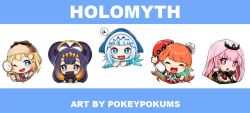 5girls :o a_(phrase) animal_hood animated blonde_hair blue_eyes blue_hair blush bright_pupils chef_hat chibi clenched_hand closed_eyes copyright_name deerstalker detached_sleeves gawr_gura gawr_gura_(1st_costume) grey_eyes hat holding holding_magnifying_glass holding_microphone hololive hololive_english holomyth hood looking_at_viewer magnifying_glass microphone mori_calliope mori_calliope_(1st_costume) multicolored_hair multiple_girls ninomae_ina&#039;nis ninomae_ina&#039;nis_(1st_costume) one_eye_closed open_hand orange_hair orange_headwear pink_hair pointing pointing_down pokey purple_hair shark_hood sharp_teeth silver_hair smile speech_bubble streaked_hair takanashi_kiara takanashi_kiara_(1st_costume) teeth tentacle_hair tentacles tiara veil video virtual_youtuber watson_amelia watson_amelia_(1st_costume) white_pupils